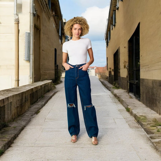 DARK BLUE BUTTON CLOSURE DISTRESS WIDE LEG DENIM PANTS