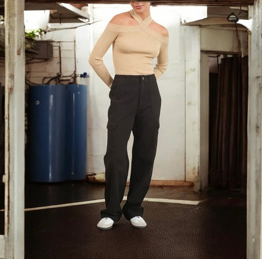 Black High Waisted Wide Leg Cargo Pants