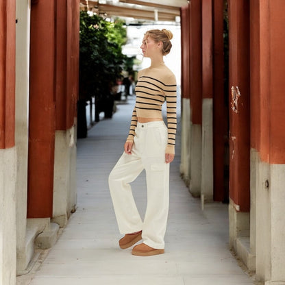 Cream High Waisted Wide Leg Cargo Pants