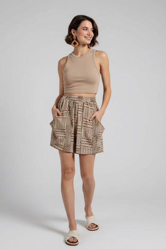 High-waisted brown Aztec tribal print shorts