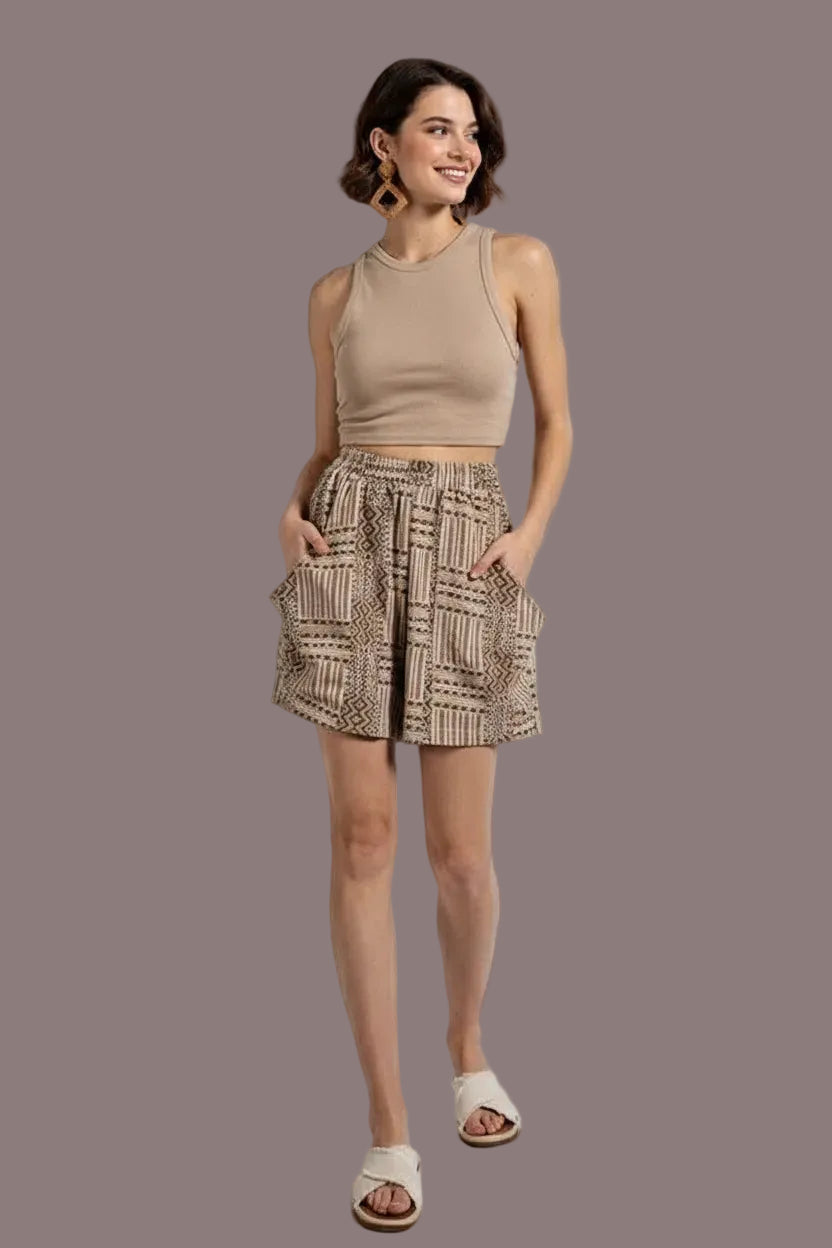 AZTEC TRIBAL PRINT BROWN POCKET SHORTS