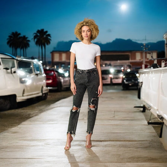 BLACK BUTTON CLOSURE DISTRESS WASHED DENIM PANTS
