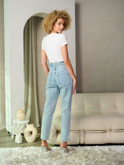 LT. BLUE BUTTON CLOSURE HIGH WAIST DENIM CROP PANTS