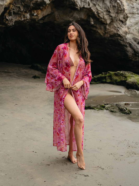 FLORAL RUFFLE SLEEVE OPEN FRONT FLORAL KIMONO/ SWIM COVERUP