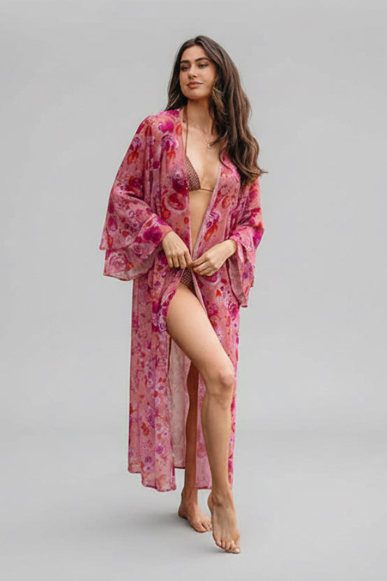 FLORAL RUFFLE SLEEVE OPEN FRONT FLORAL KIMONO/ SWIM COVERUP