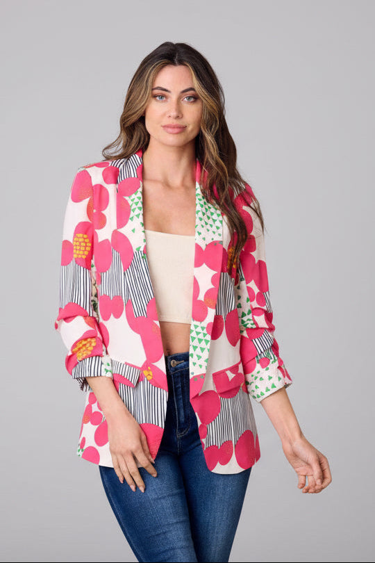 Pink multi-color 3/4 sleeve blazer