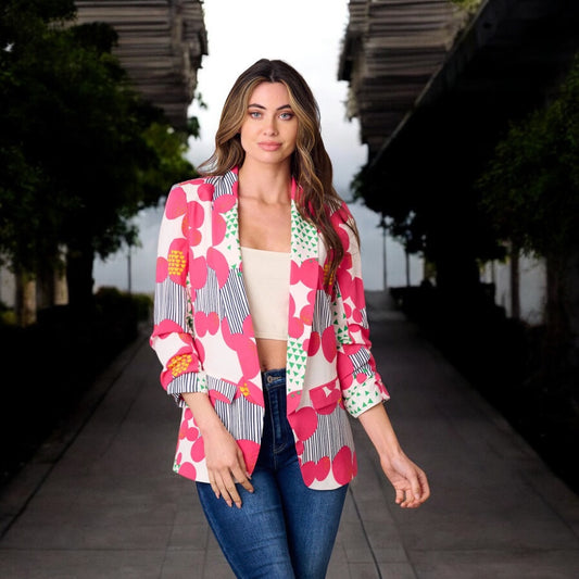 PINK MULTI COLOR OPEN FRONT 3/4 SLEEVE BLAZER