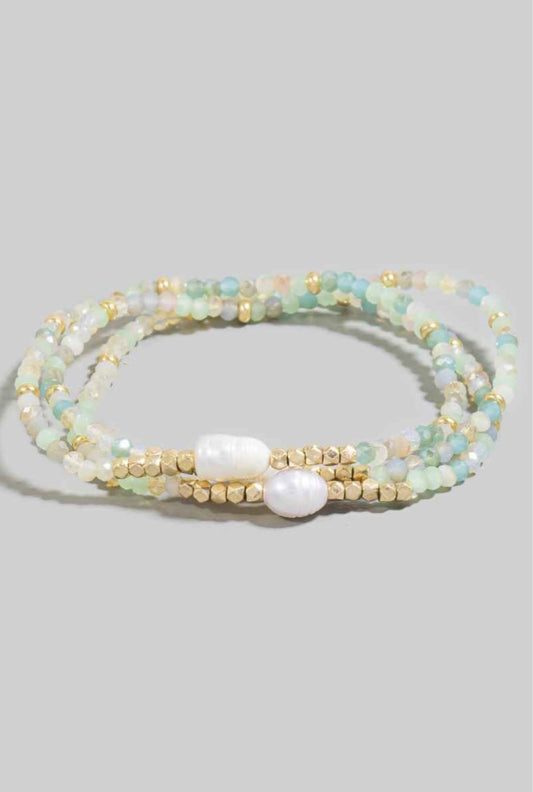Green Faceted And Fresh Water Pearl Beads Bracelet Set