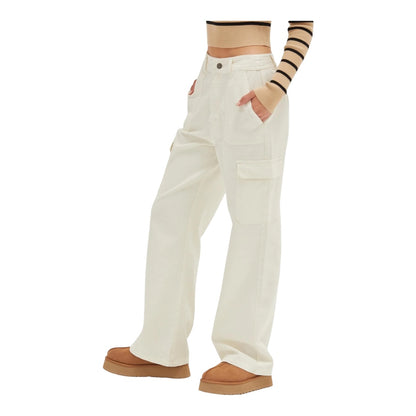 Cream High Waisted Wide Leg Cargo Pants