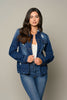 Button-up dark distressed denim jacket