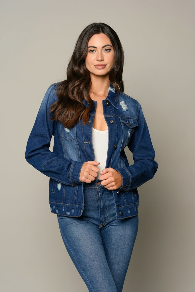 Button-up dark distressed denim jacket