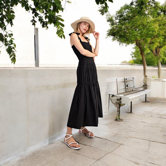 Smocked Maxi Dress with Shoulder Tie