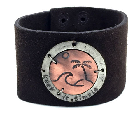Handmade Copper Palm Tree Brown Leather Bracelet