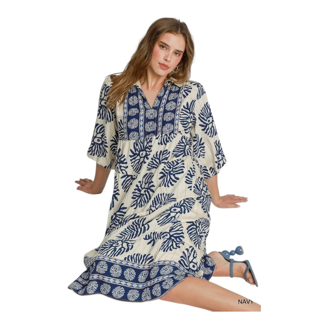 Navy Print Tiered Midi Dress
