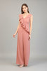 Blush wide-leg jumpsuit with cascading diagonal ruffles, front view
