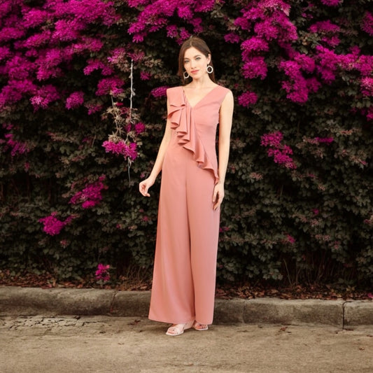 Rose Diagonal Ruffle Wide Leg Jumpsuits