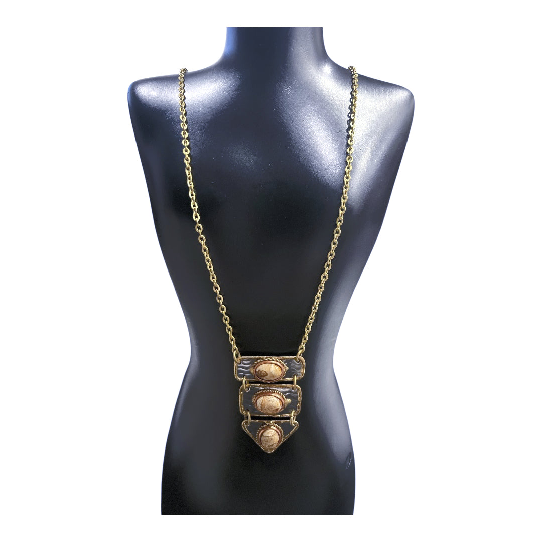Mixed metal bib necklace accented with Jasper stones.