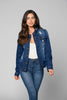 Distressed dark denim button-up jacket