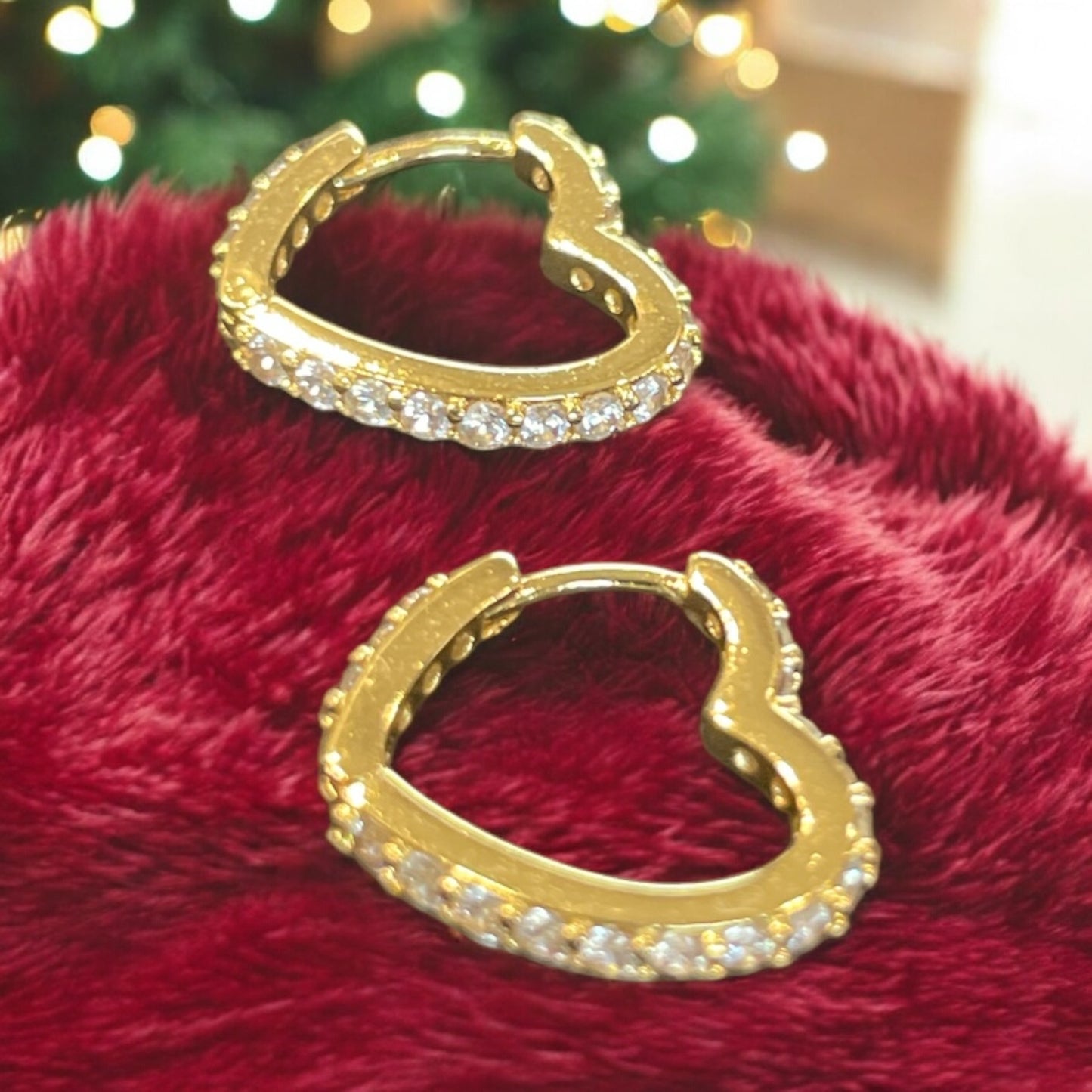 Gold Dipped Cz Heart Hinge Hoop Earrings