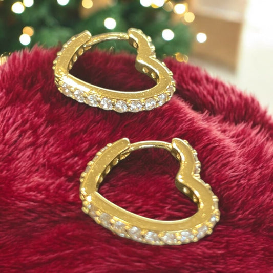 Gold Dipped Cz Heart Hinge Hoop Earrings