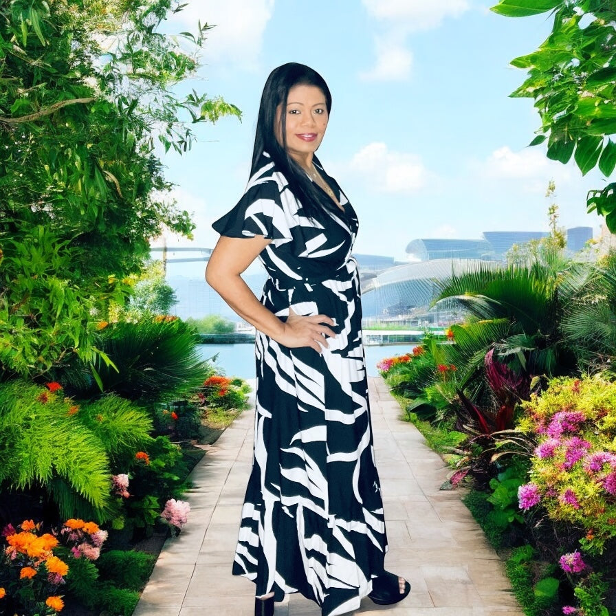 Black & White Crossover Top Floral Long Dress With Tie Belt