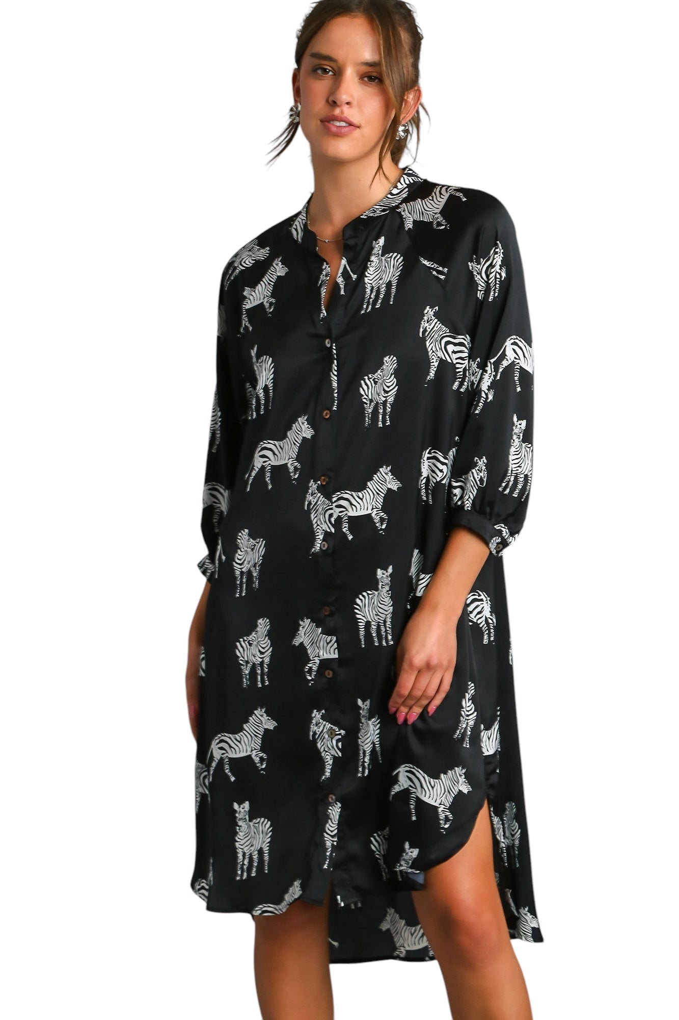 Satin Zebra Print Button Down High Low Hen Midi Dress