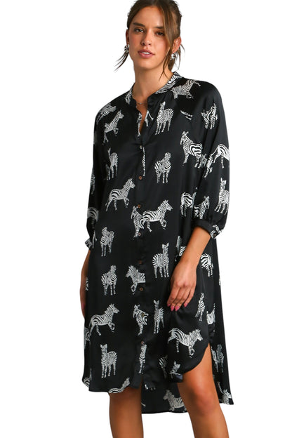 Satin Zebra Print Button Down High Low Hen Midi Dress