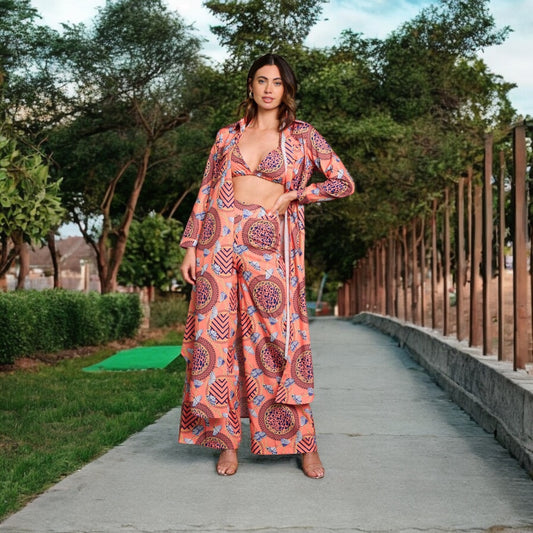 CROP TOP WITH KIMONO & PANTS MULTI PRINT 3PC. SET