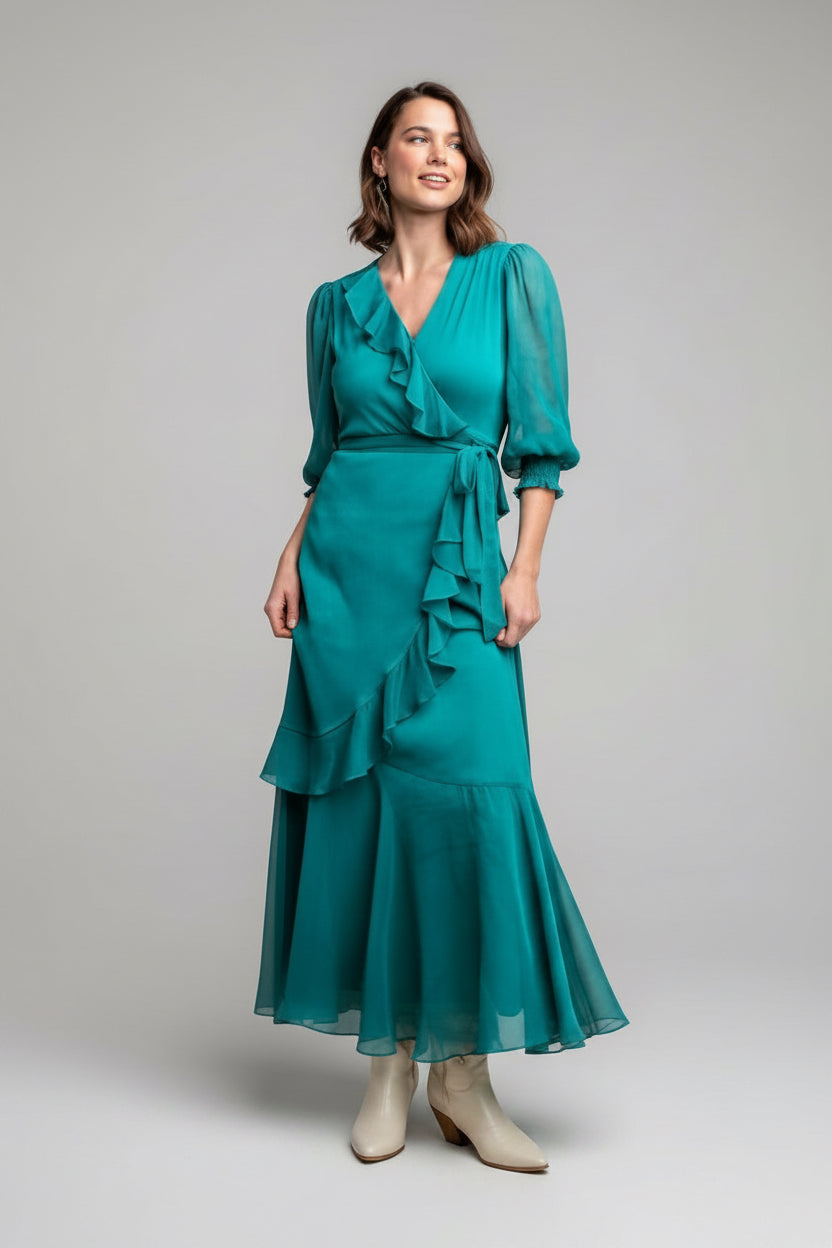 Tie-waist ruffle wrap maxi dress