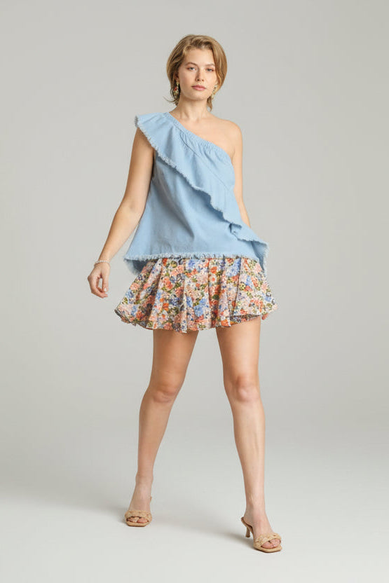 SUNDAZE BLUE ONE- SHOULDER UNFINISHED HEM TOP