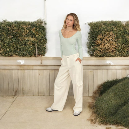 Cream Elastic Waist Wide - Leg Cargo Pants