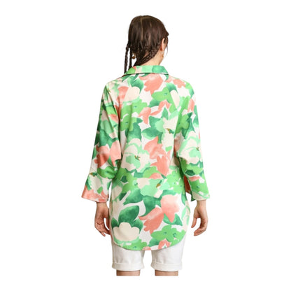 Dolman Sleeves Floral Print Button Down Shirt