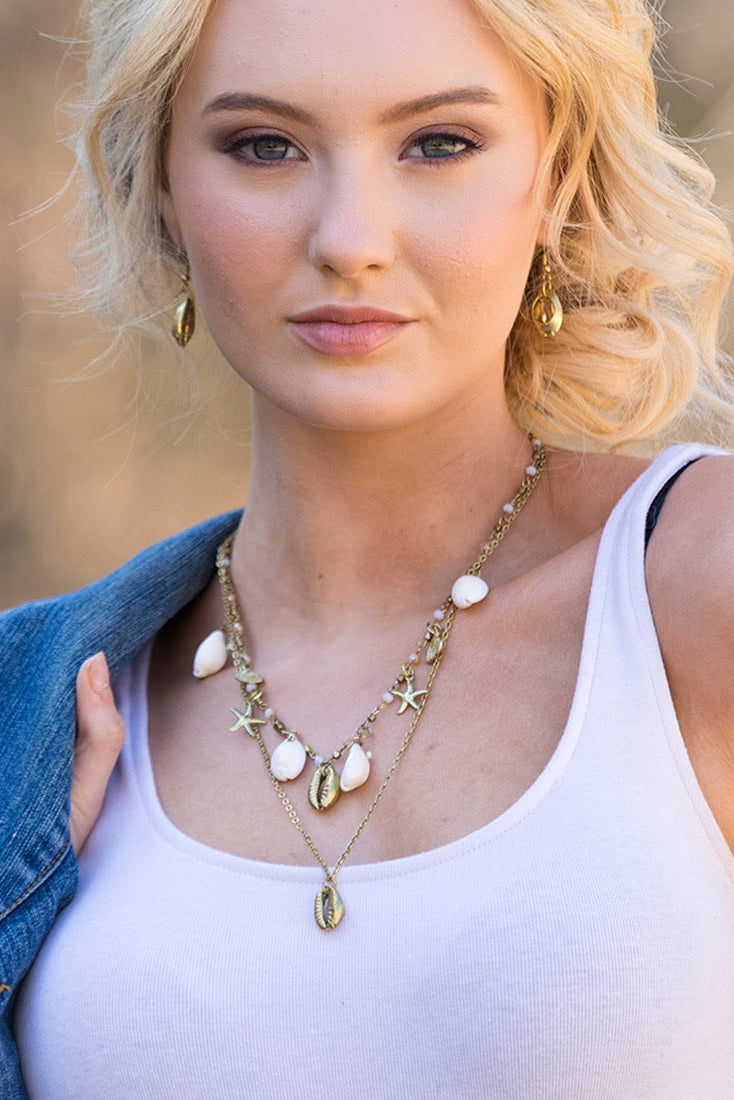 Gold Tone Sea Shell Layered Necklace