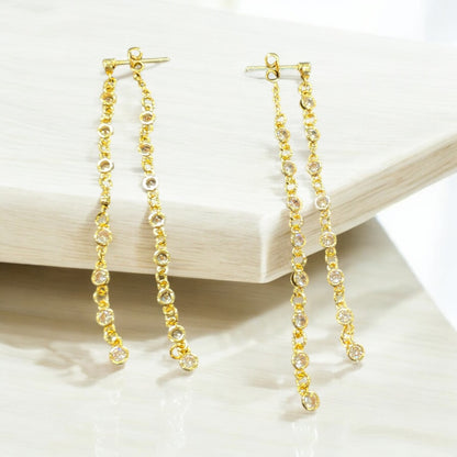 Gold Dipped Cz Chain Dangle Earrings