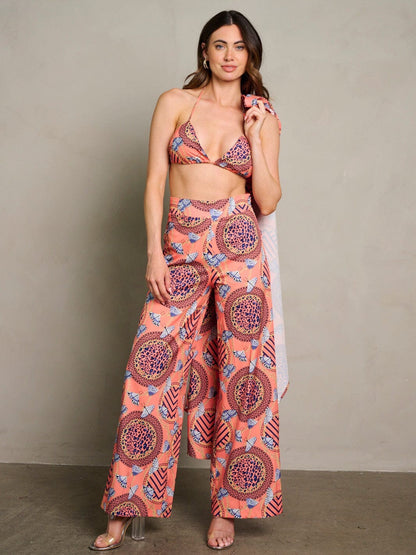 BUTTERFLY CROP TOP KIMONO PANTSUIT MULTI PRINT 3PC. SET