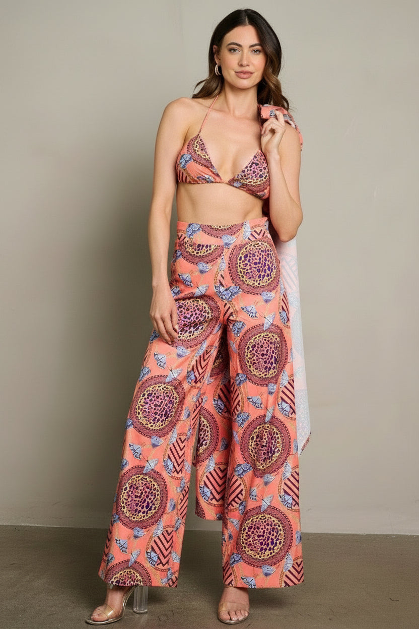 BUTTERFLY CROP TOP KIMONO PANTSUIT MULTI PRINT 3PC. SET