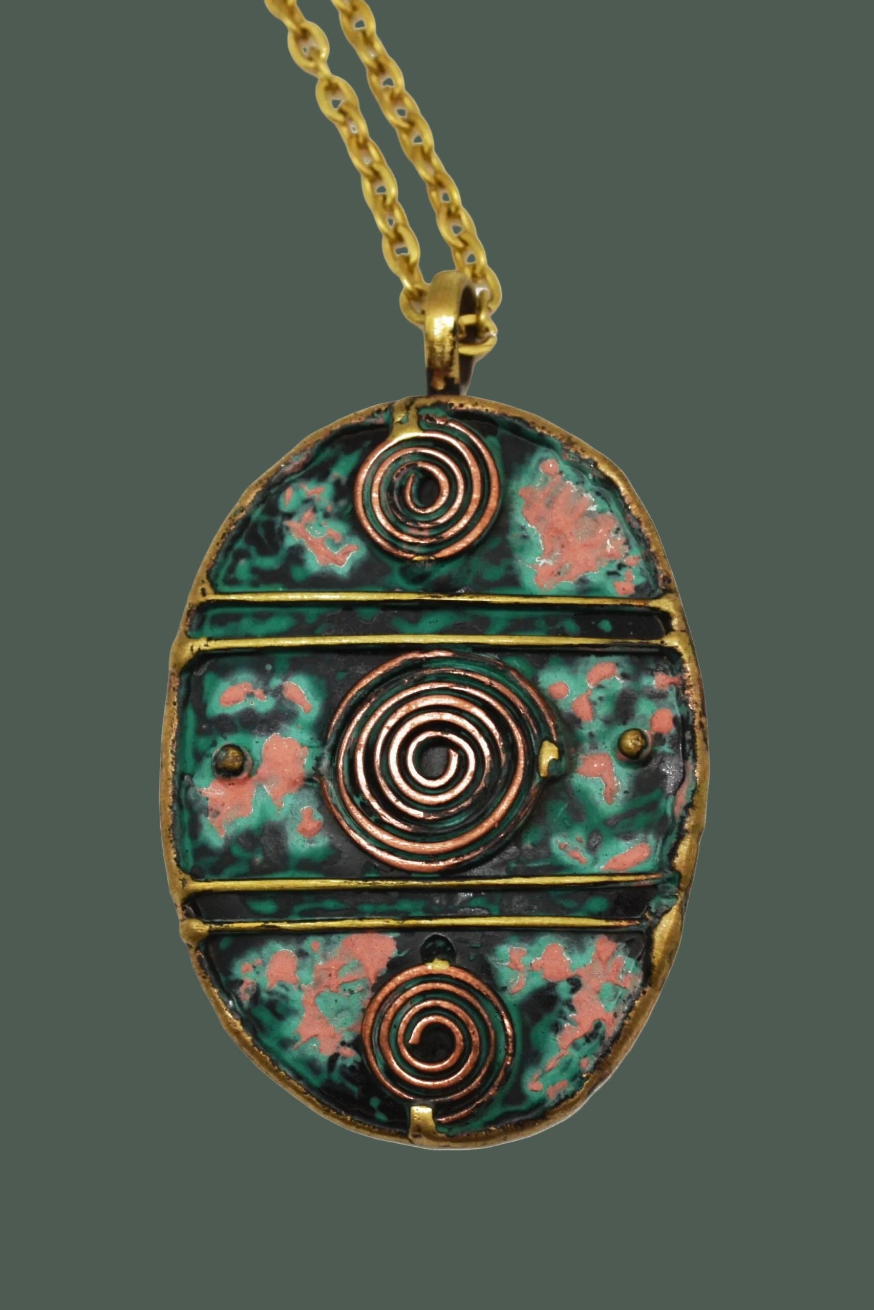 Brass and Copper with Blue/Green Patina Oval and Circle spirals necklace