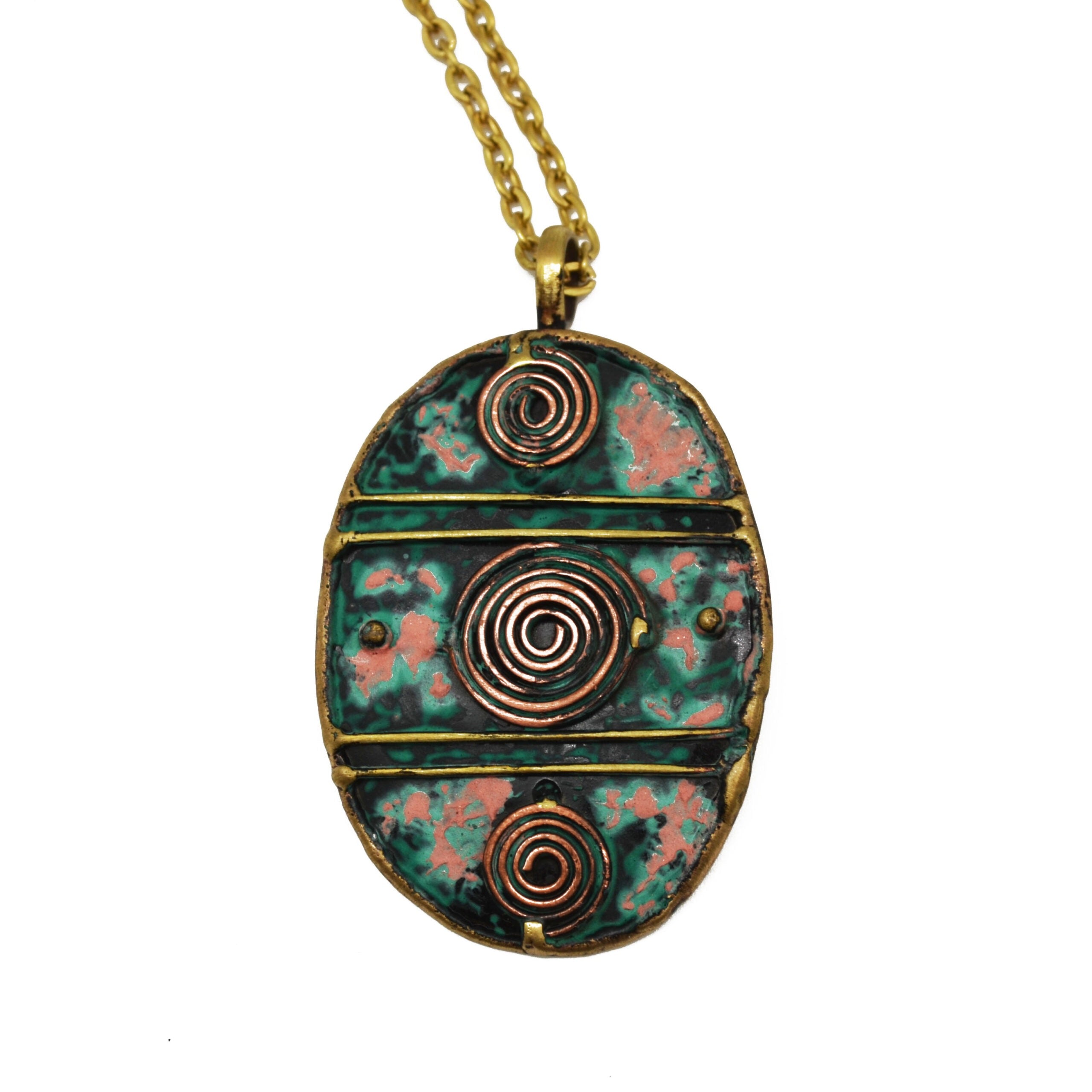 Brass and Copper with Blue/Green Patina Oval and Circle spirals necklace