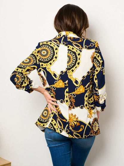 DONATELLA V. 3/4 RUCHED SLEEVES OPEN FRONT POCKETS PRINTED BLAZER