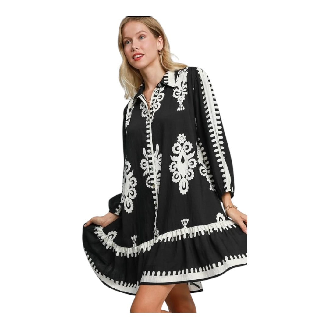Black Border Paisley Button Up Tiered Hem Dress