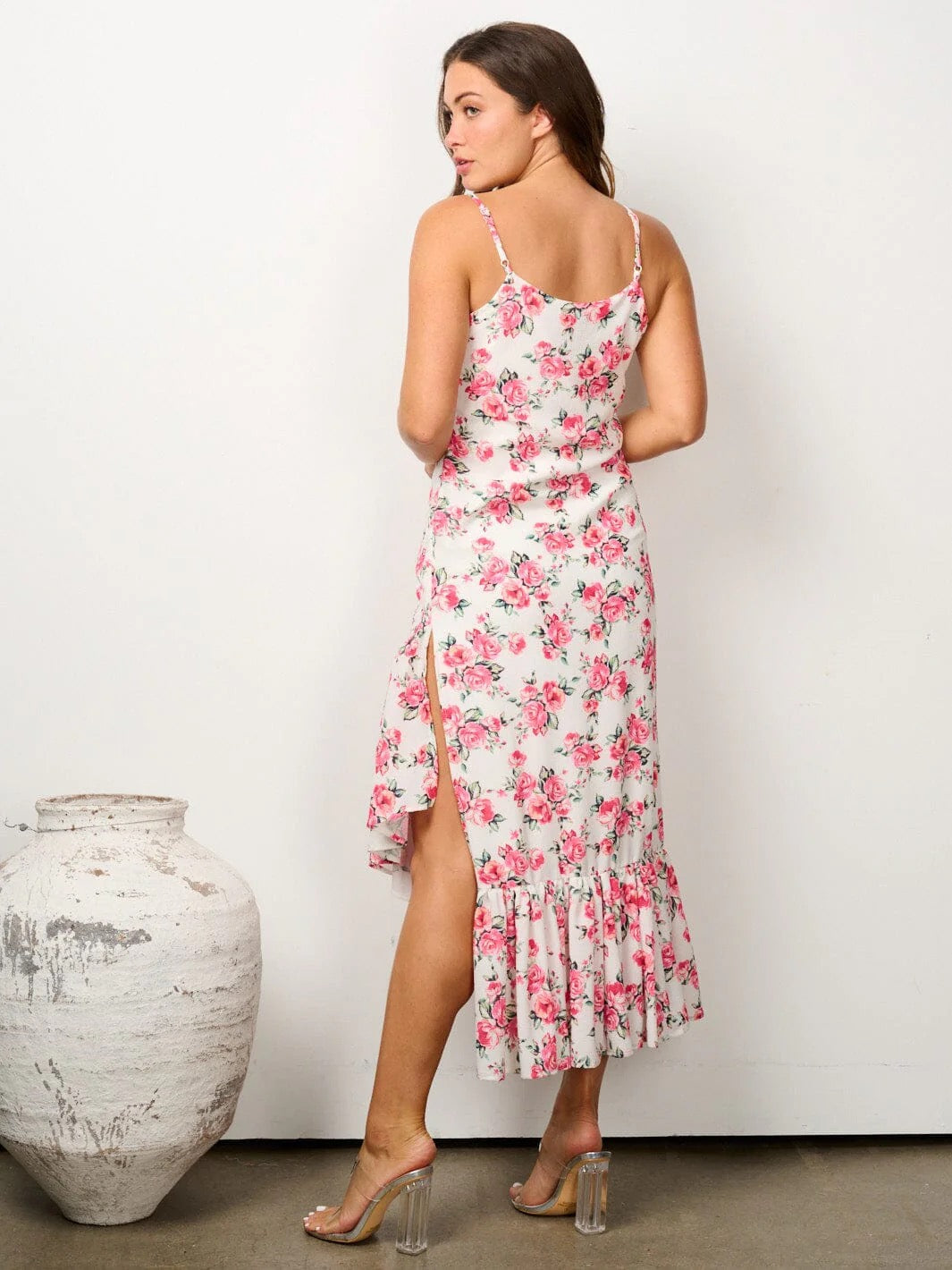 FLORAL RUFFLE HEM HIGH LOW MIDI DRESS