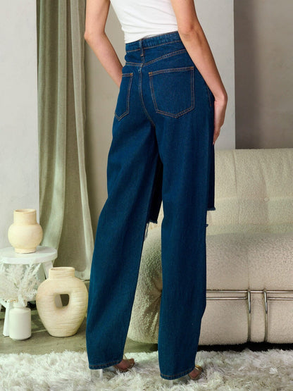 DARK BLUE BUTTON CLOSURE DISTRESS WIDE LEG DENIM PANTS