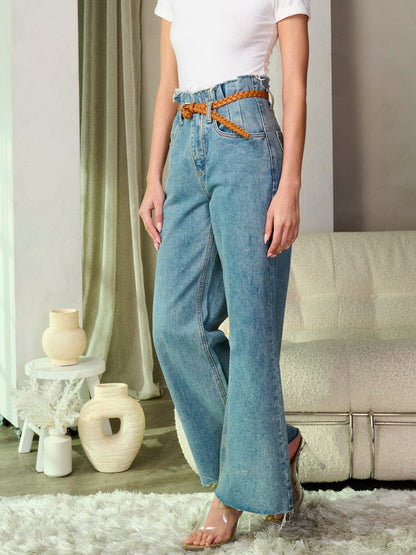 LIGHT BLUE PLEATED HIGH WAIST BELTED WIDE LEG DENIM JEANS