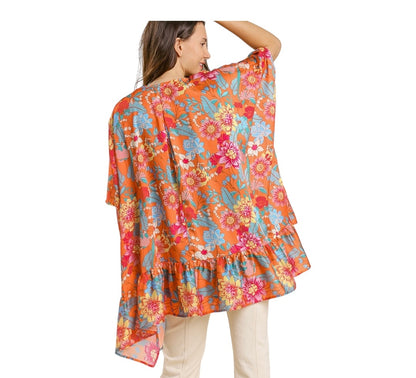 Floral Print Ruffle Sleeve Open Front Kimono with Side Slits