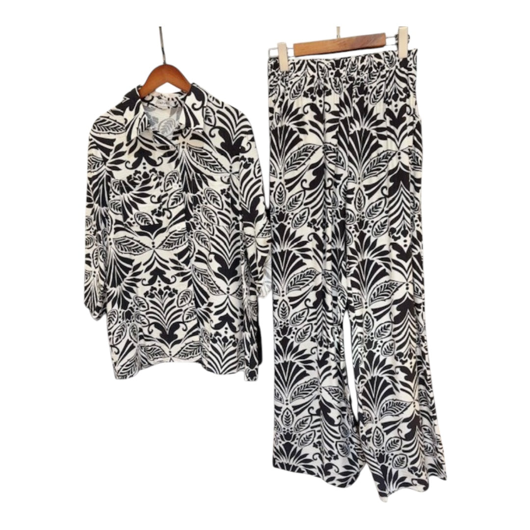 Black & White Botanical Button Down Top Wide Leg Two-Piece Set