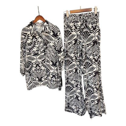 Black & White Botanical Button Down Top Wide Leg Two-Piece Set