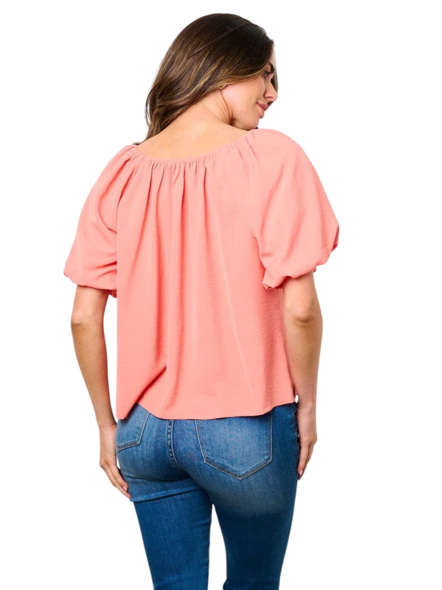 PEACH SHORT PUFF SLEEVE BUTTONS BLOUSE TOP