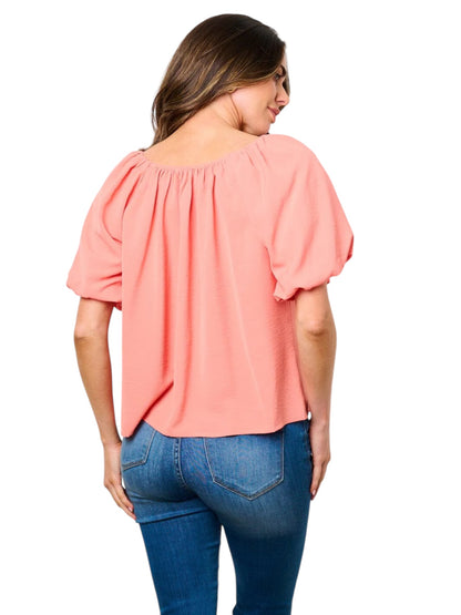 PEACH SHORT PUFF SLEEVE BUTTONS BLOUSE TOP
