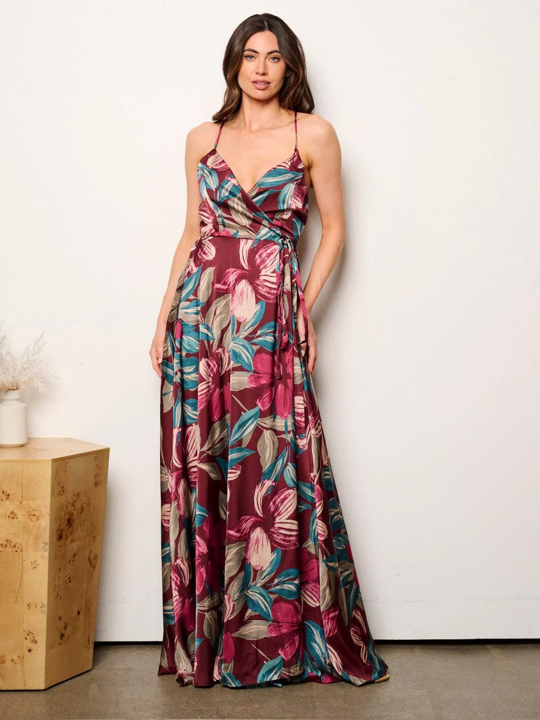 OPEN BACK FLORAL WRAP MAXI DRESS