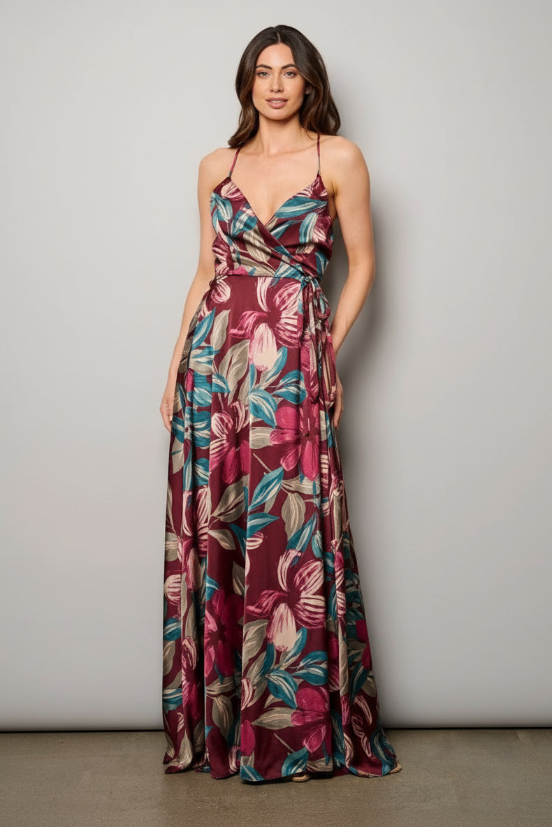 OPEN BACK FLORAL WRAP MAXI DRESS